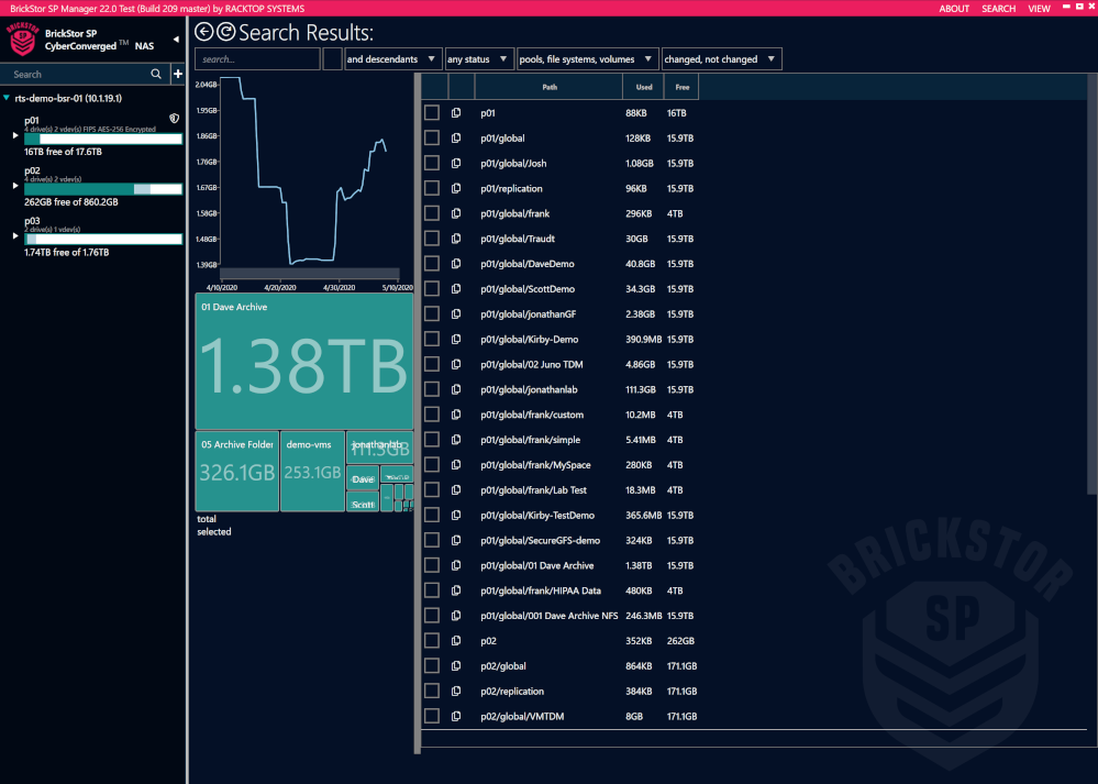 BrickStor SP Manager Search Menu