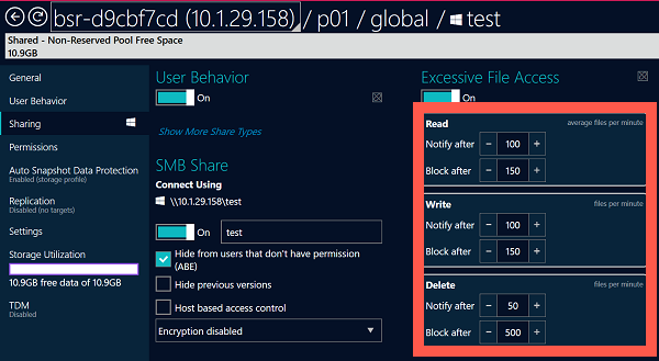 Notify After and Block After options in Excessive File Access options.