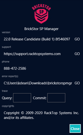 BrickStor SP Manager About Menu