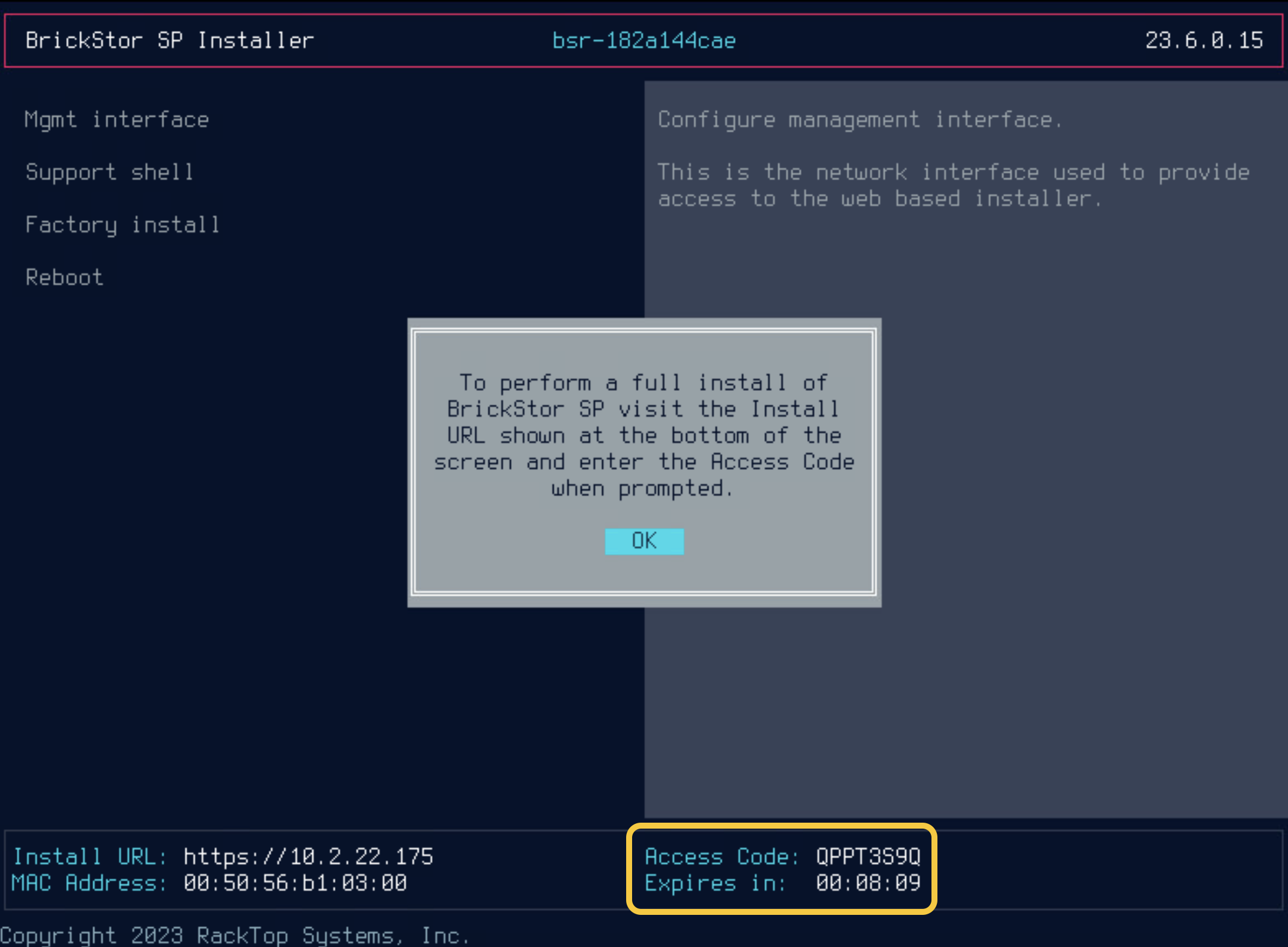 BrickStor VM console screen