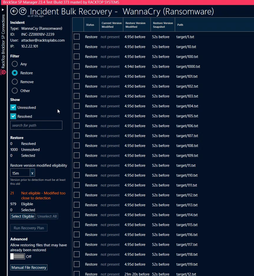 Bulk Restore Screen Overview