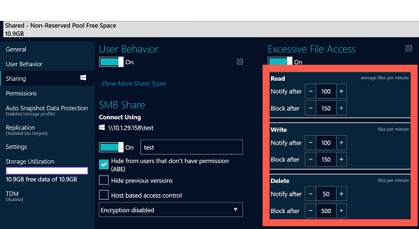 Notify After and Block After options in Excessive File Access options.