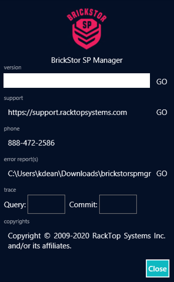 BrickStor SP Manager About Menu