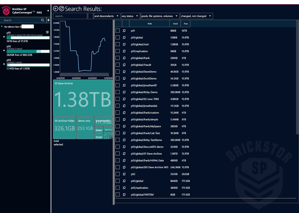 BrickStor SP Manager Search Menu