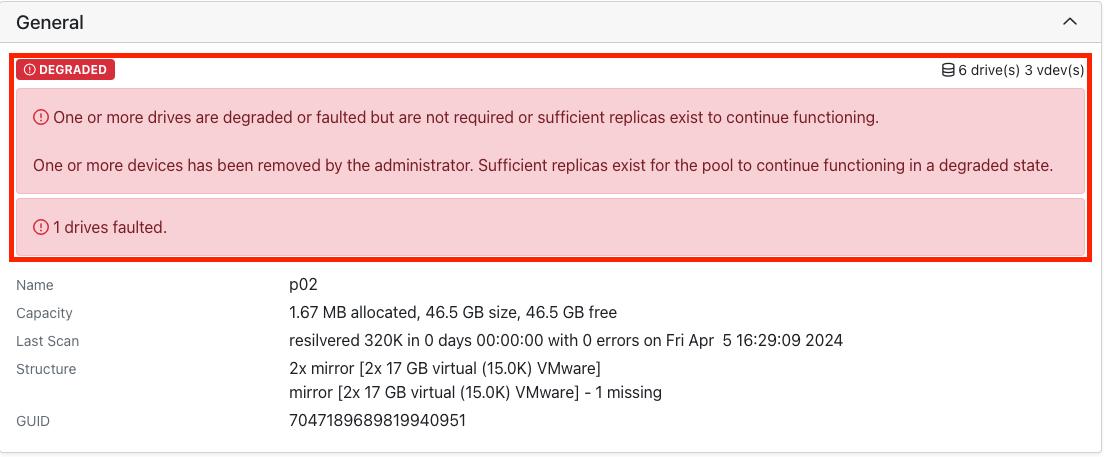 faulted drive warning on pool
