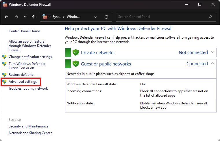 firewall advanced settings