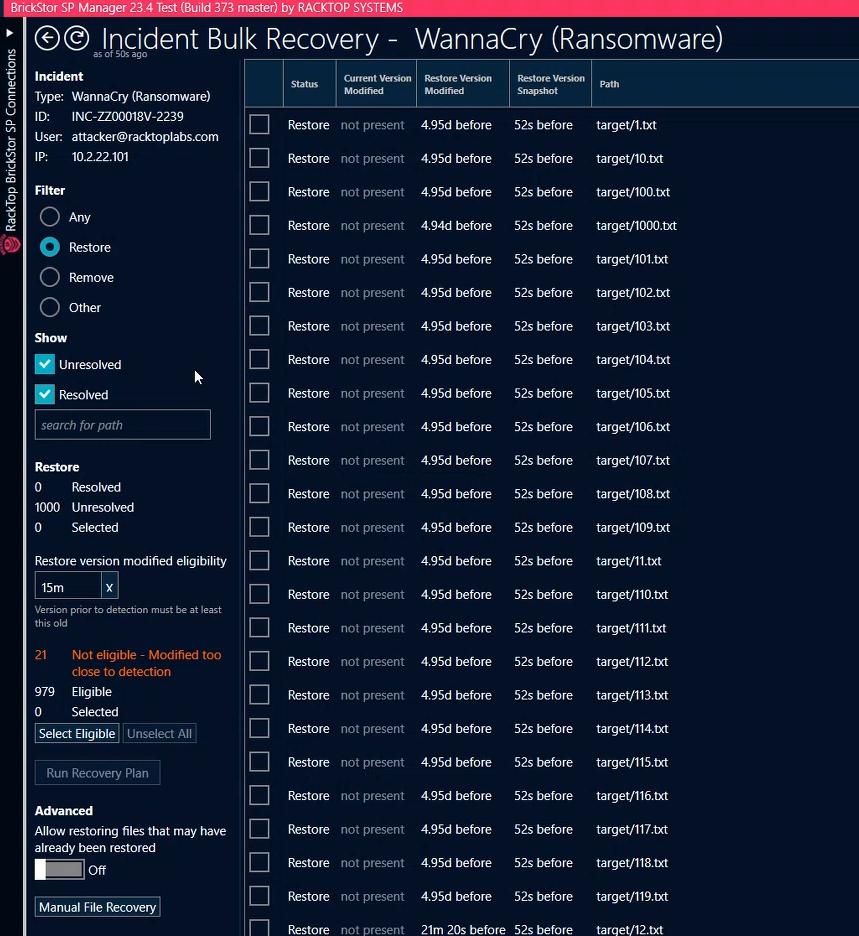 Bulk Restore Screen Overview