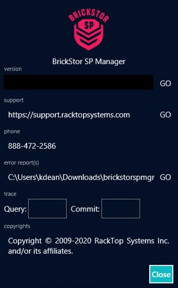 BrickStor SP Manager About Menu