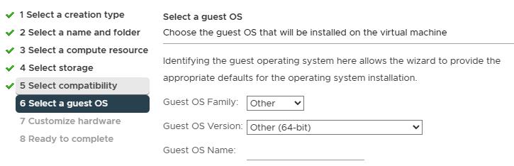 VM guest os selection